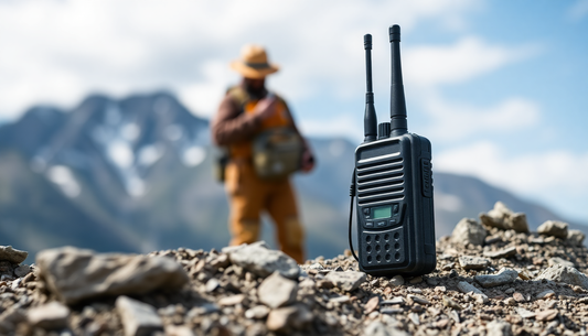 Top walkie talkies for professionals placed on rocky terrain with a hiker in the mountainous background