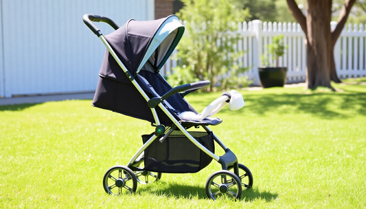 Top rated baby strollers for travel parked on green grass in a sunny backyard with a white fence