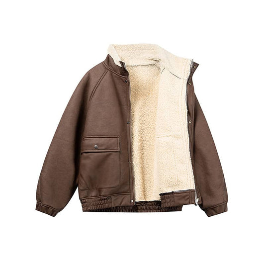 PU Leather with Shearling Fur Collar Winter Jacket