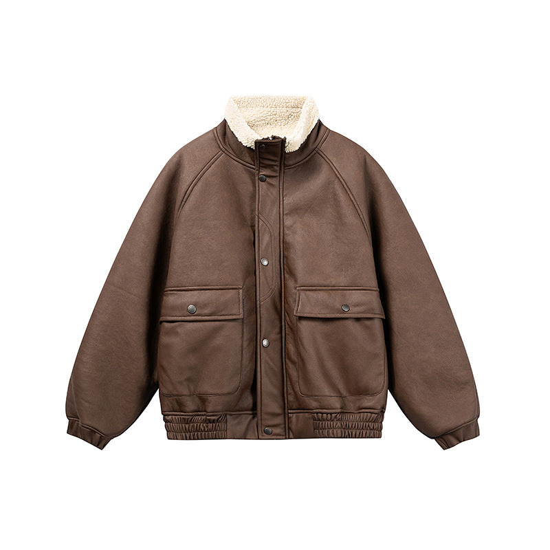 PU Leather with Shearling Fur Collar Winter Jacket