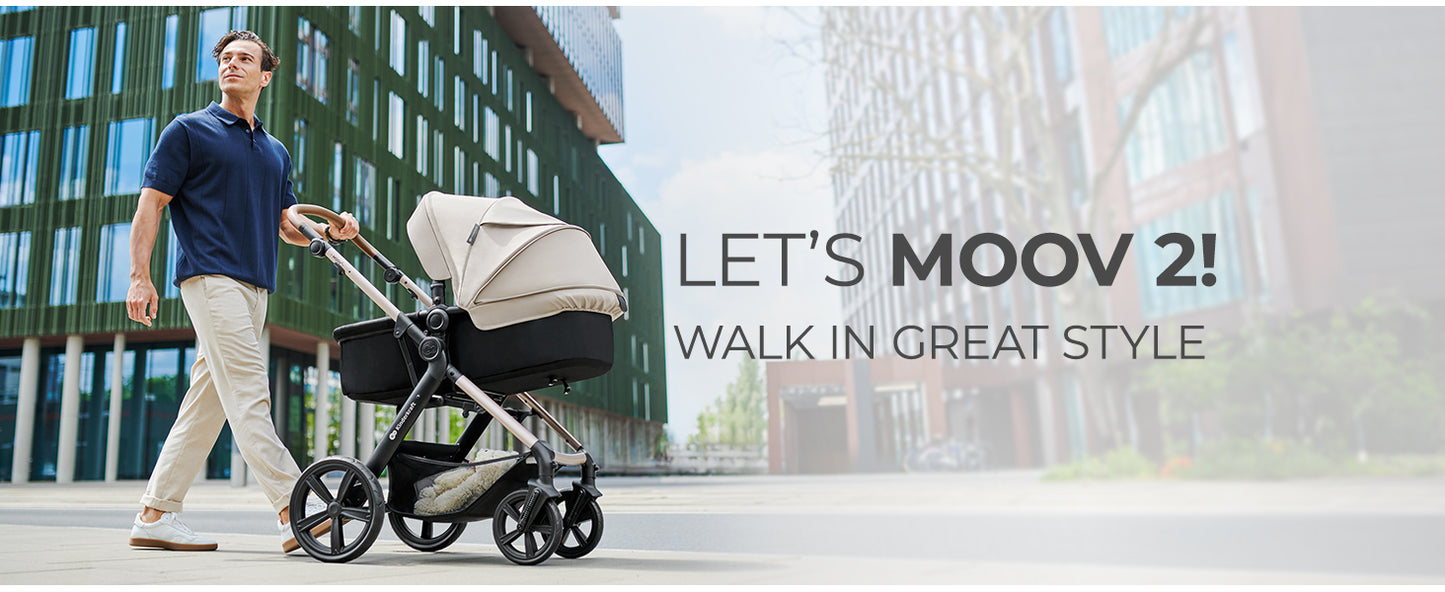 Man pushing a stroller with 'Let's Moov 2!' text in an urban setting