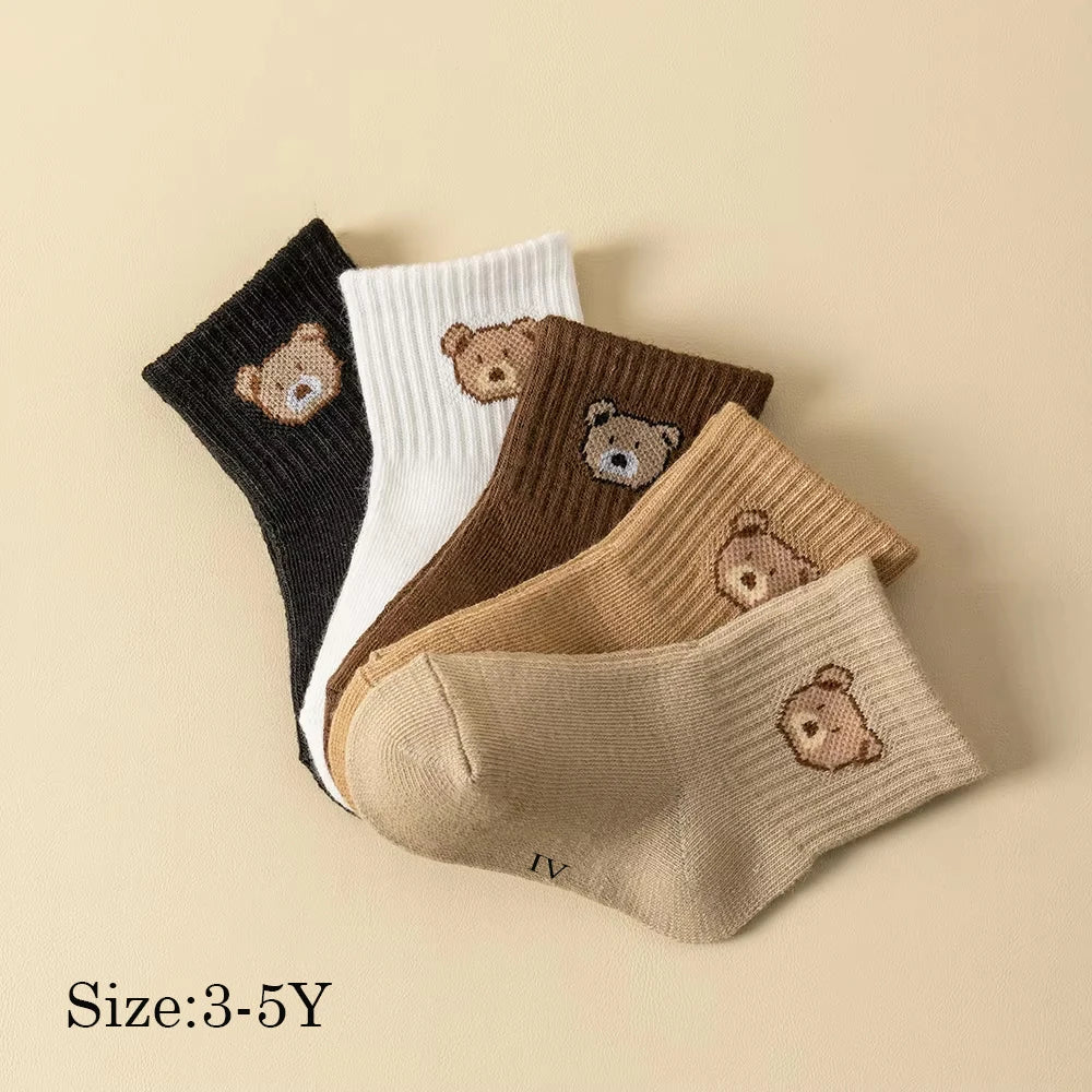 5 pairs bear pattern baby socks in assorted colours, perfect for toddlers aged 3-5 years