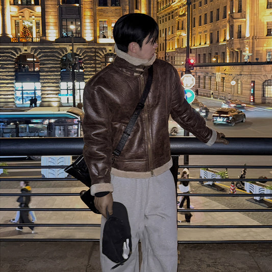 Faux Lamb Wool Turn-Down Collar PU Leather Cotton Coat Men Winter Loose Warm Thickened Cotton Jacket Commuter Outfit