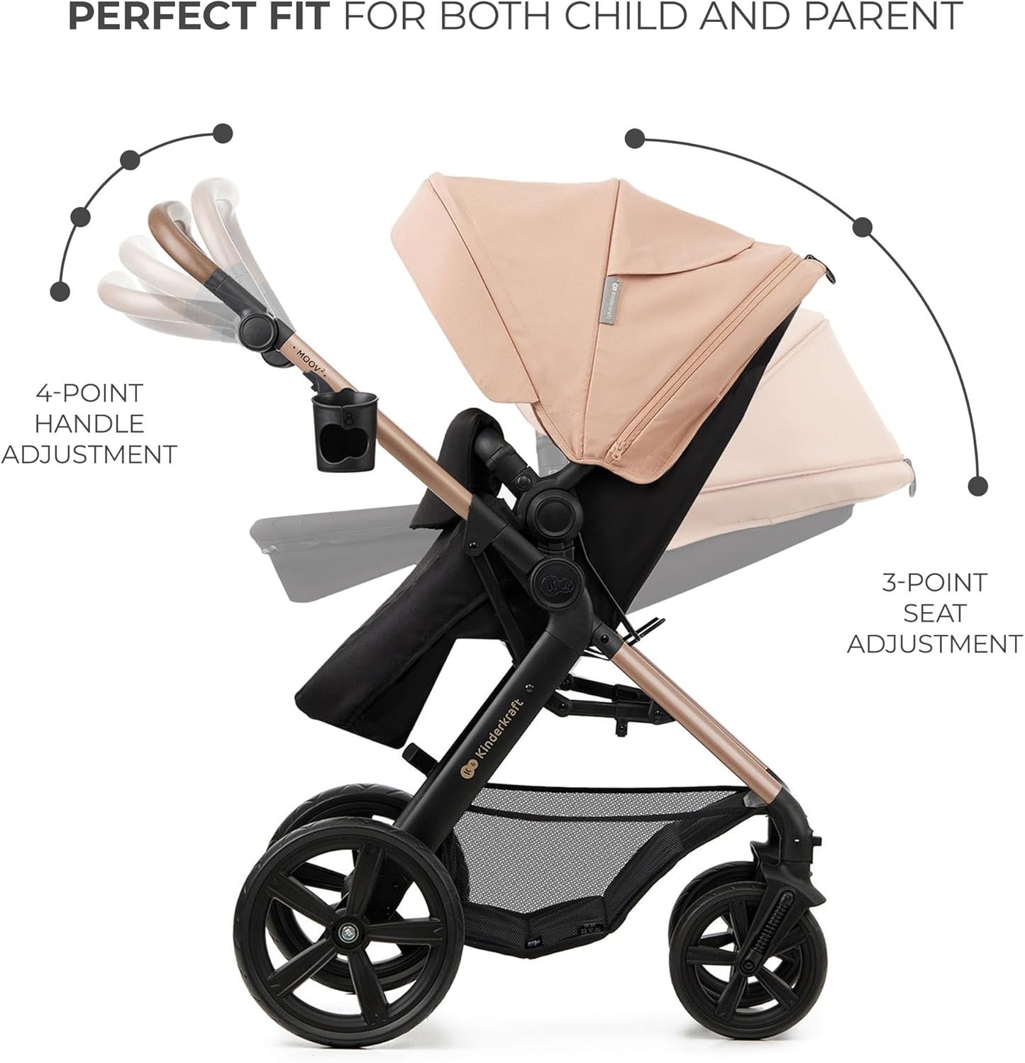 Baby stroller with beige canopy and black frame on a white background