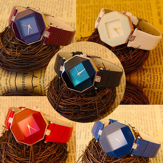 Geometry Crystal Leather Quartz Wristwatch