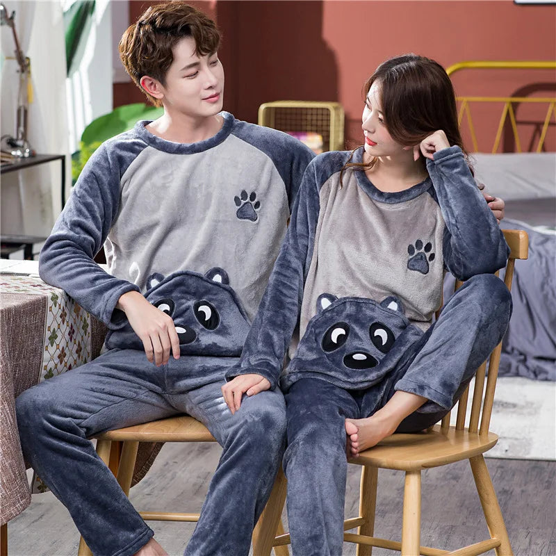 Couple Pajamas Set Winter Flannel Pyjamas Women Home Wear Nightwear 2Pcs Men's Sleepwear Cartoon Panda Pijama Warm Clothes Suit