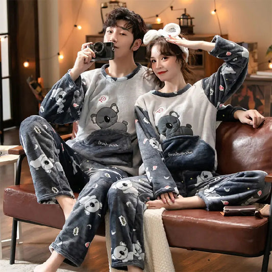 Winter Long Sleeve Thick Warm Flannel Pajama Set for Men Coral Velvet Cartoon Couple Sleepwear Pyjamas Women Homewear Clothes