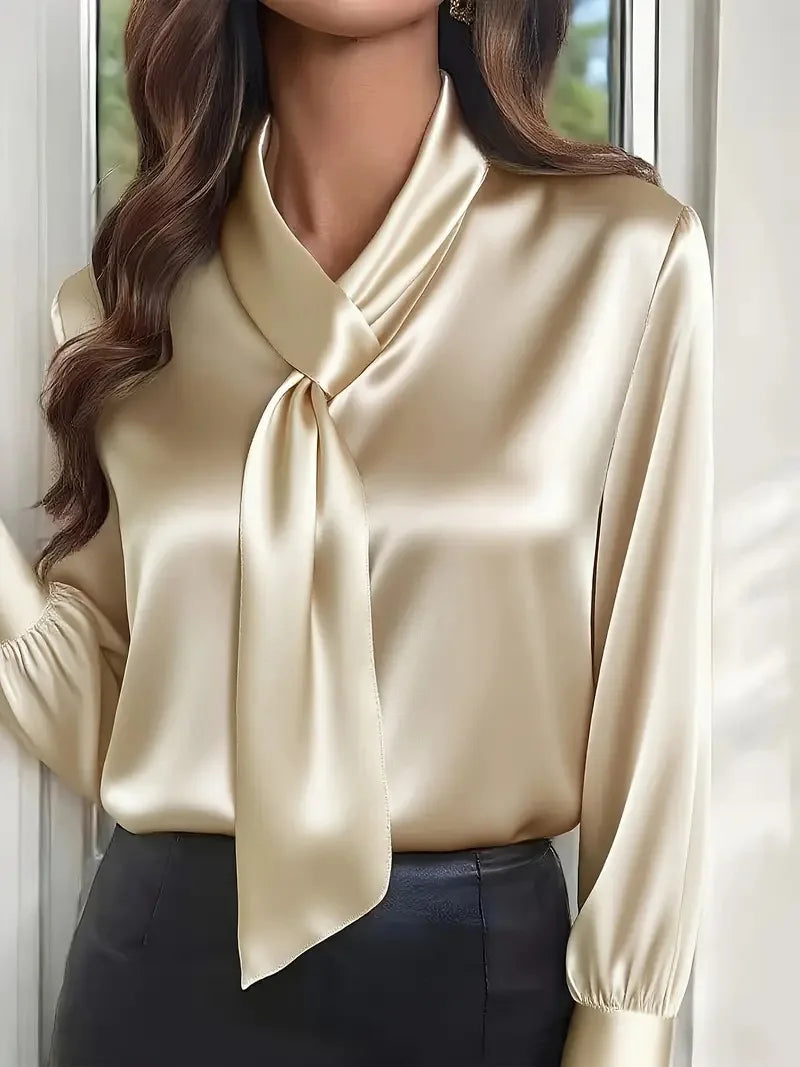 French Muse Elegant V-Neck Blouse – Slim Fit Long Sleeve Commute Shirt
