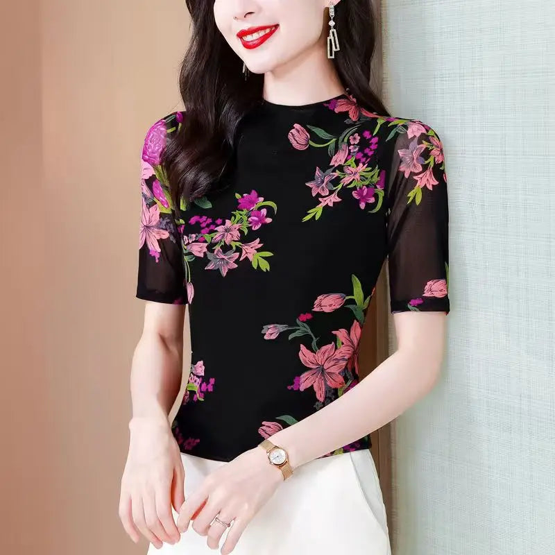 Eclipse Printed Mesh Knit Top – Summer 2026 Trend Half-Collar Base Layer