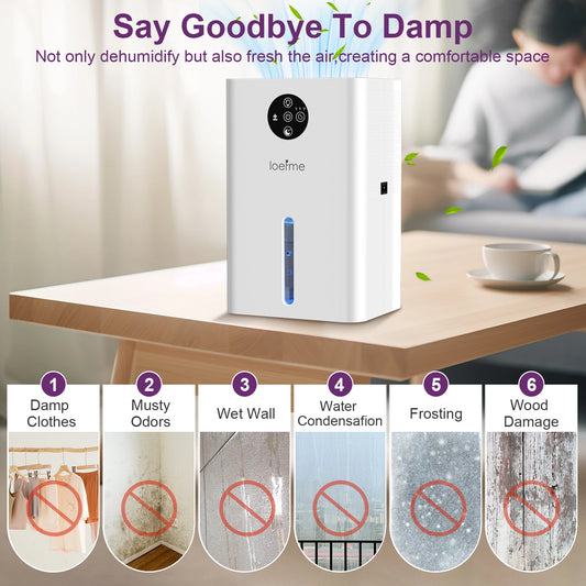 Loeme dehumidifier on a table with text and icons indicating its benefits
