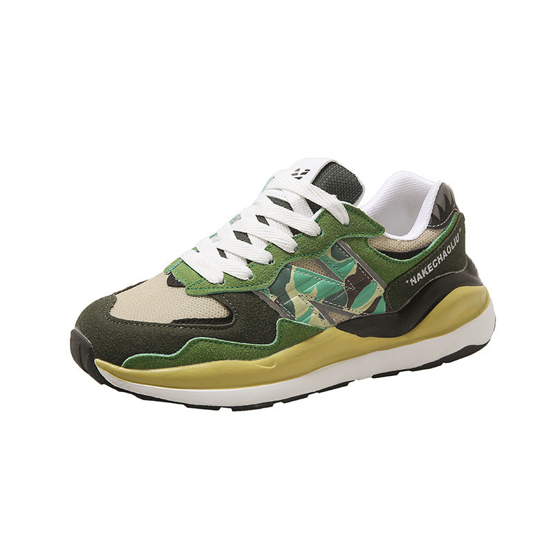 Ape Shark Grey Casual Shoes green camo and olive suede trainer with white laces and chunky yellow sole