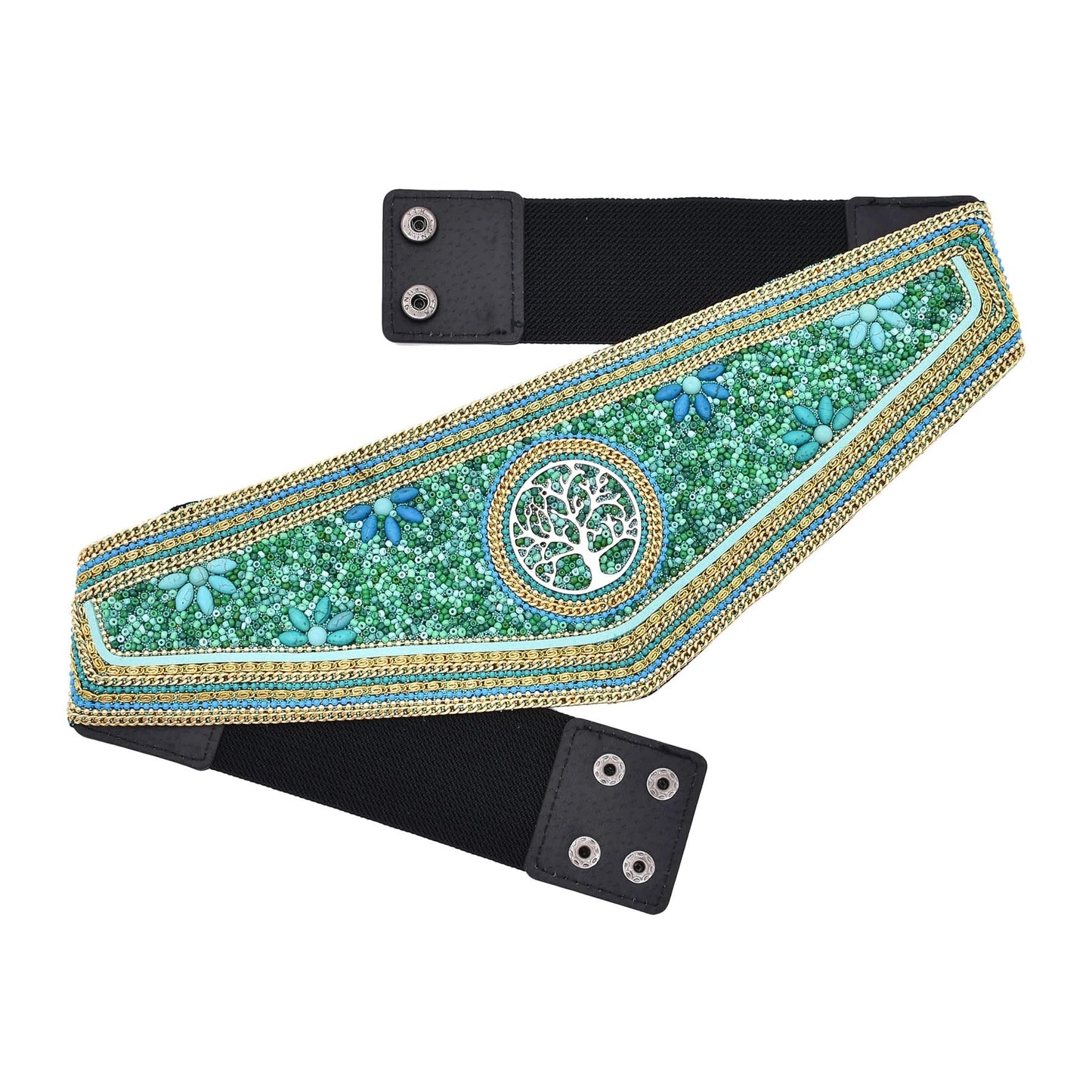 Green beaded boho flower waist belt for women with tree of life medallion and elastic snap straps