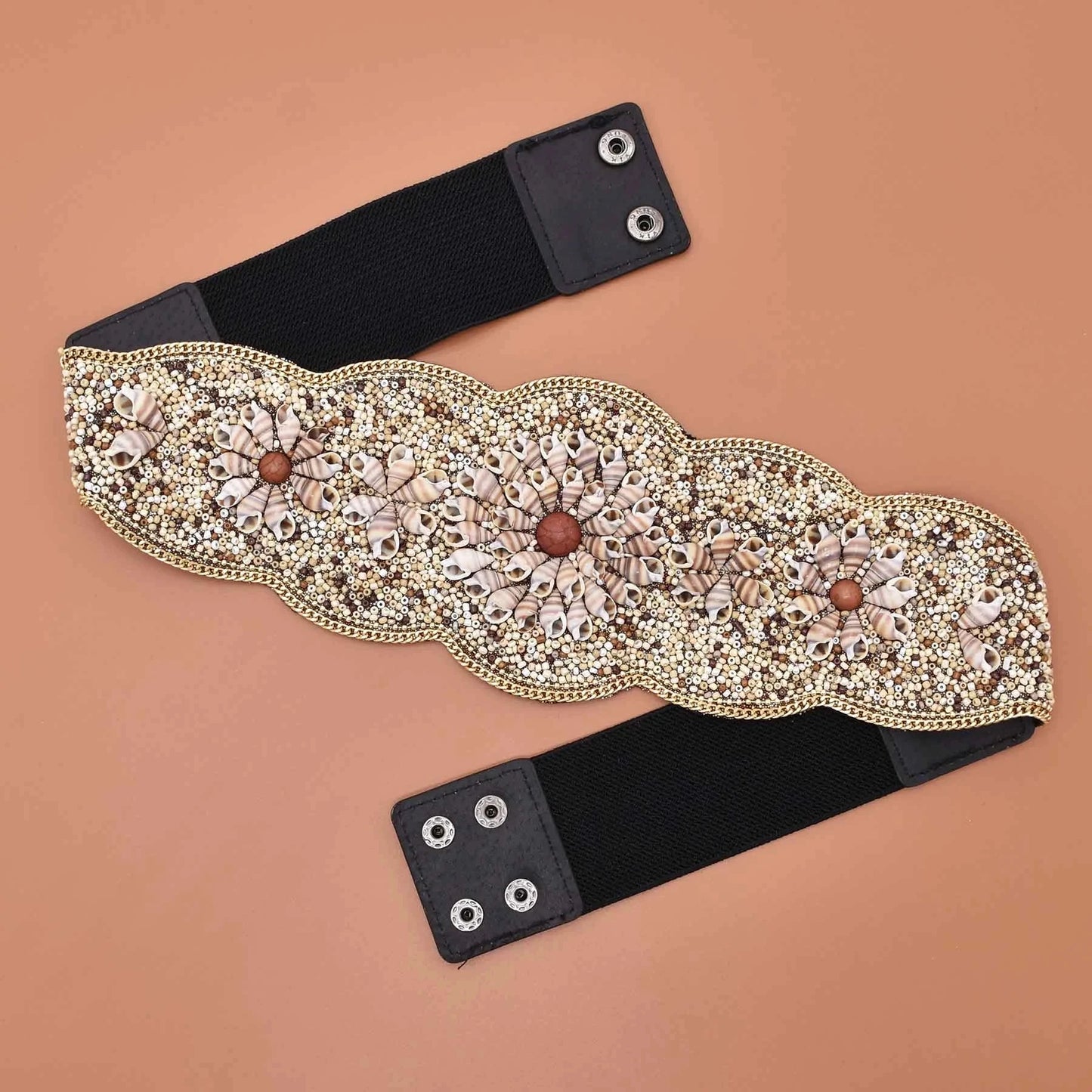 Luxurymania24 boho flower waist belt for women embellished beaded floral design on elastic with snap closures