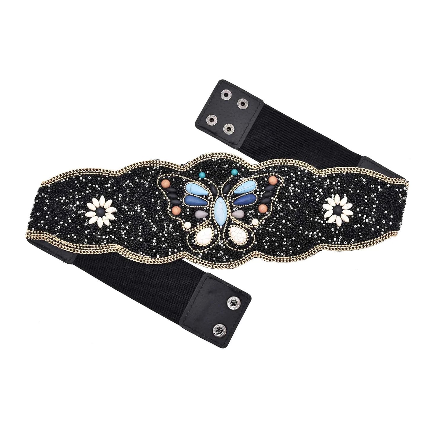 Black beaded boho flower waist belt for women with central butterfly gem motif white daisies and gold trim