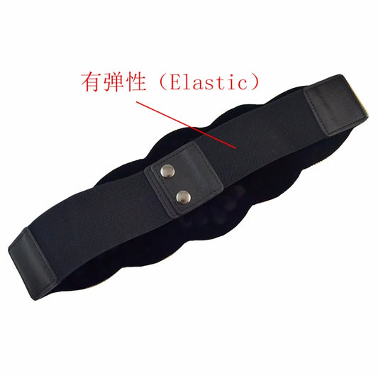 Black elastic scalloped boho flower waist belt for women with snap closure and faux leather ends