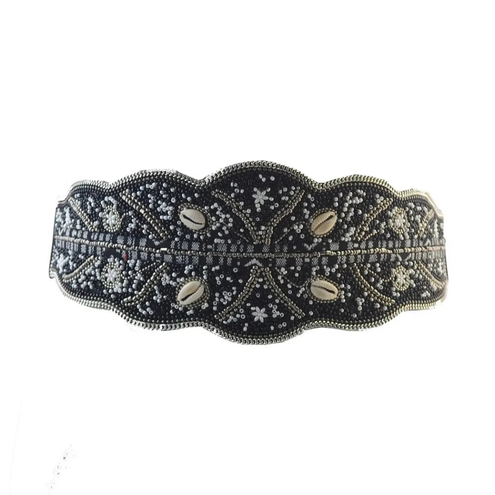 Luxurymania24 black beaded boho flower waist belt for women with shell accents and scalloped edge