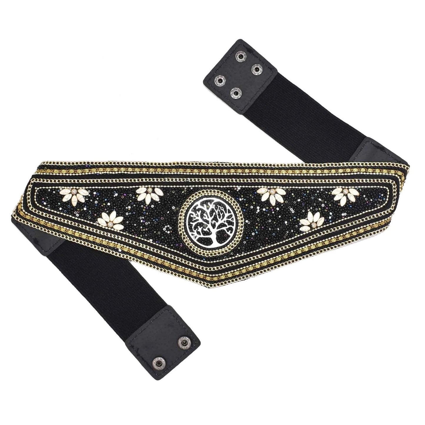 Black embellished boho flower waist belt for women with white floral beads gold chain trim and tree medallion