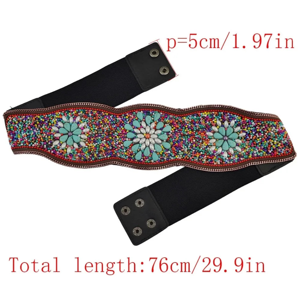 boho flower waist belt for women Luxurymania24 beaded elastic belt with turquoise floral motifs and snap closures