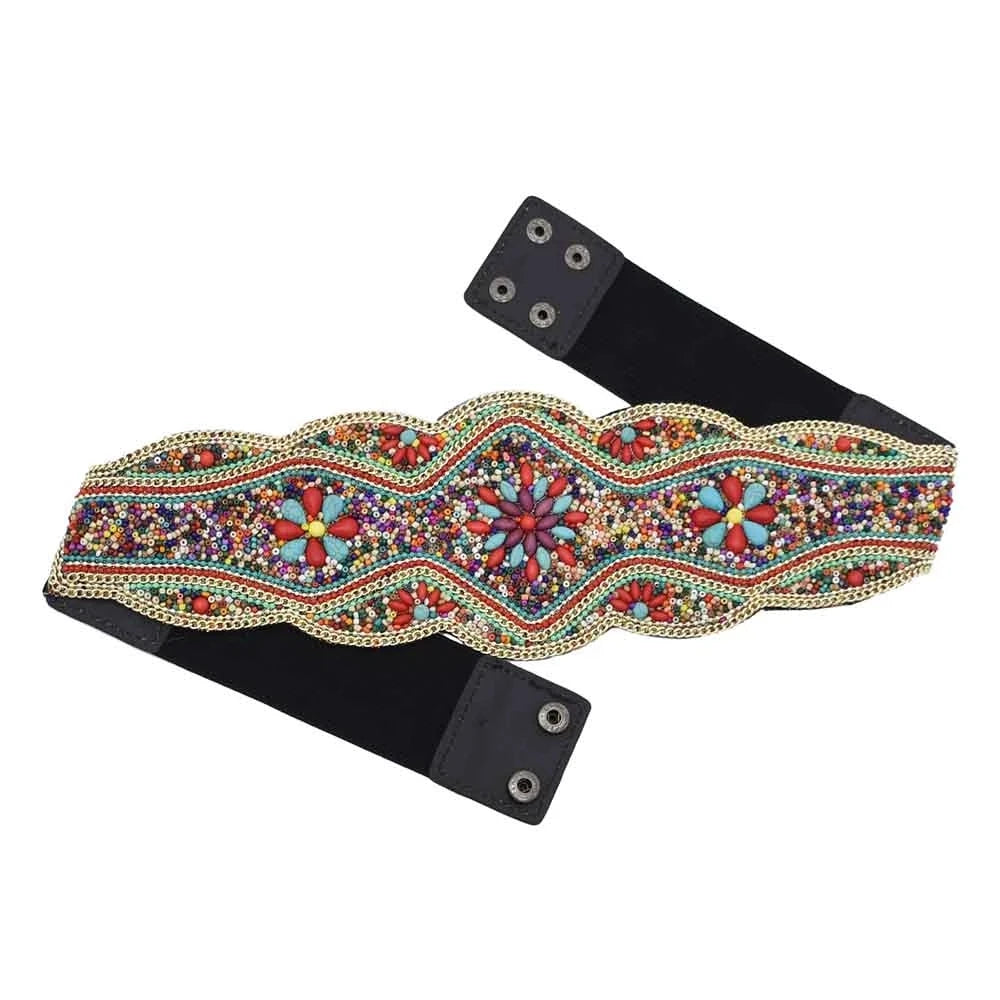 Luxurymania24 beaded multicolour boho flower waist belt for women with scalloped floral pattern and snap closures