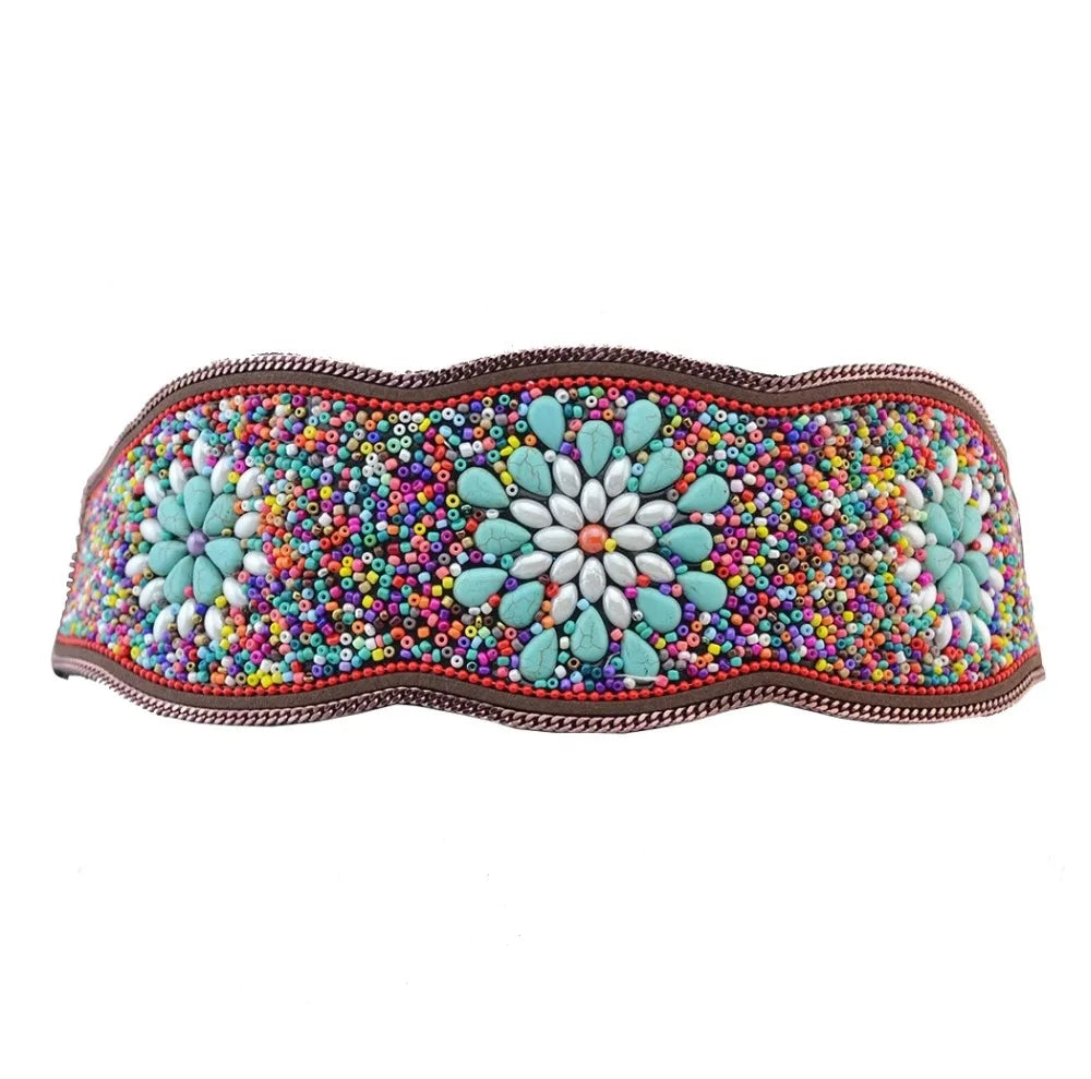 Luxurymania24 beaded boho flower waist belt for women with turquoise and multicolour seed beads
