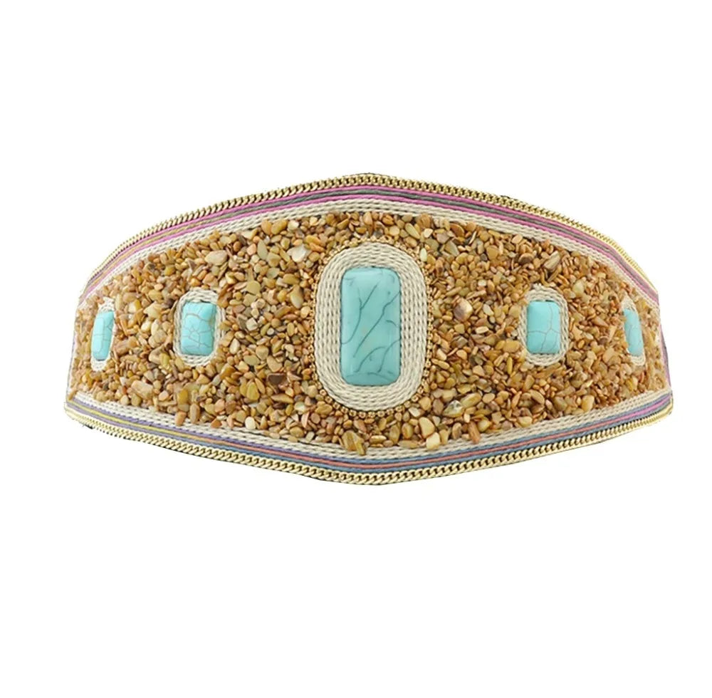 Luxurymania24 boho flower waist belt for women with turquoise stone inlay and natural seed bead mosaic