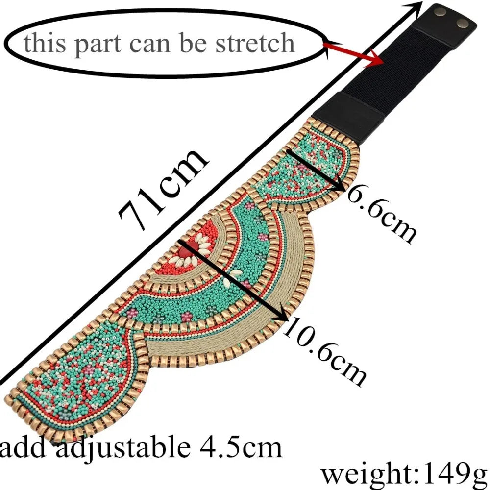 Luxurymania24 beaded boho flower waist belt for women with elastic stretch panel and snap closure