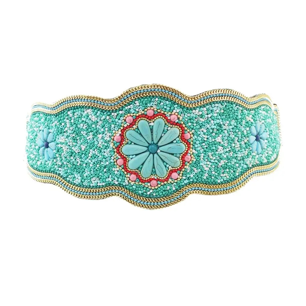 Turquoise beaded boho flower waist belt for women with scalloped gold trim and central floral medallion