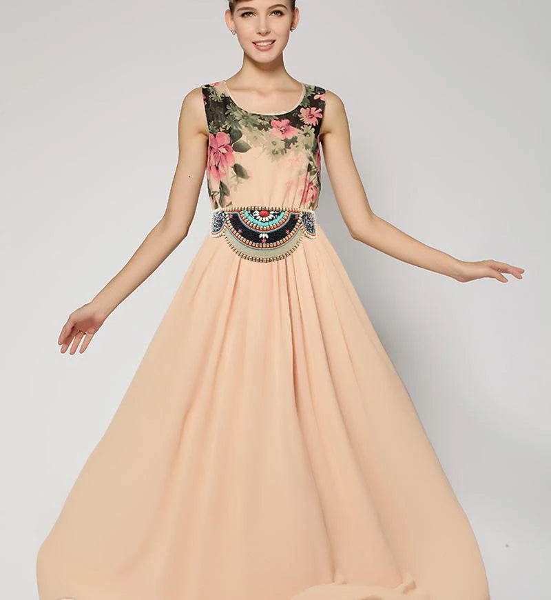 Luxurymania24 sleeveless floral bodice maxi dress with colourful beaded boho flower waist belt for women