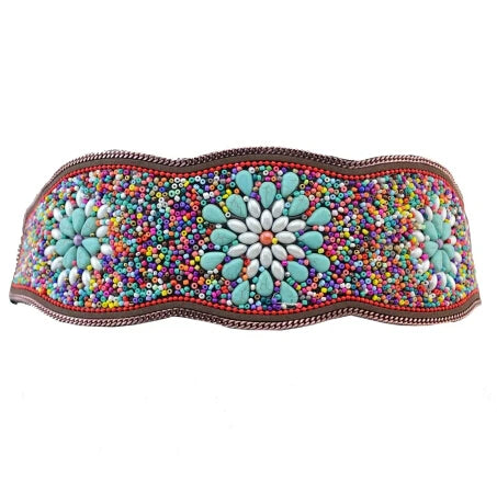 Luxurymania24 colourful beaded boho flower waist belt for women with turquoise floral motifs and multicolour seed beads