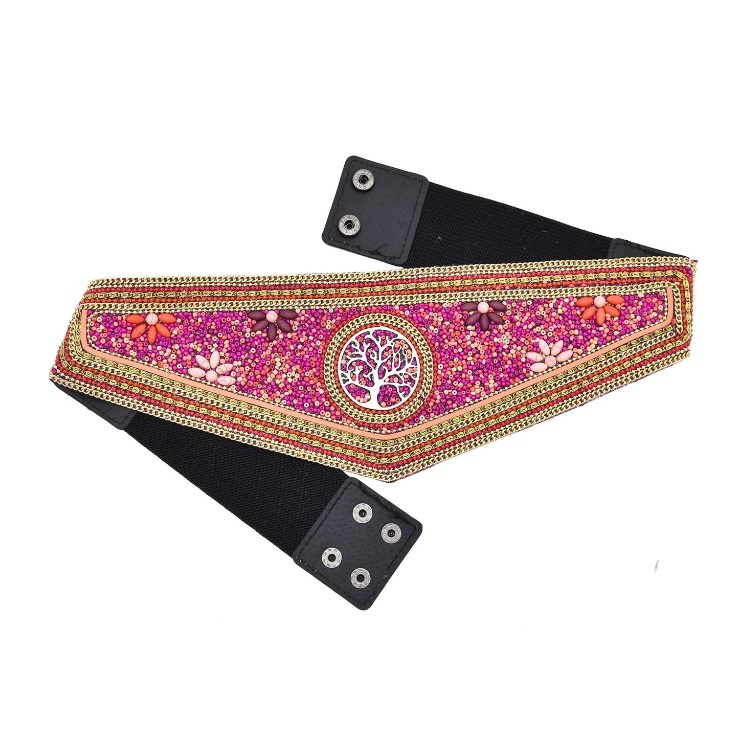 Luxurymania24 pink beaded boho flower waist belt for women with tree medallion gold trim and elastic back