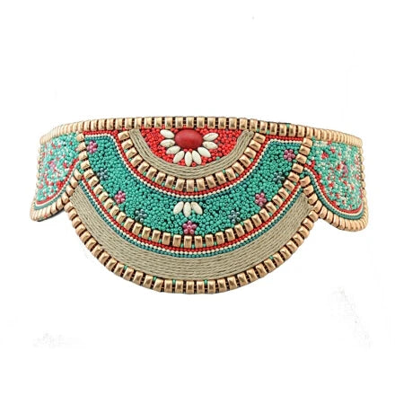 Beaded turquoise and red boho flower waist belt for women with gold trim and intricate floral beadwork