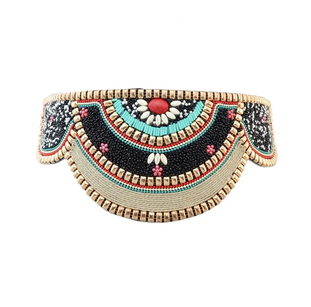 Hand beaded boho flower waist belt for women in turquoise black red and gold with scalloped semicircle panels
