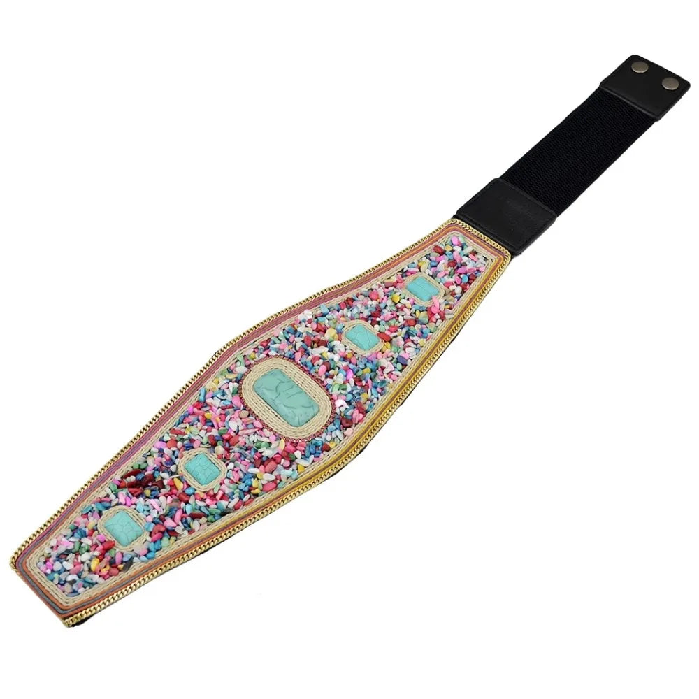 Luxurymania24 boho flower waist belt for women with pastel beads turquoise stones gold trim and elastic clasp