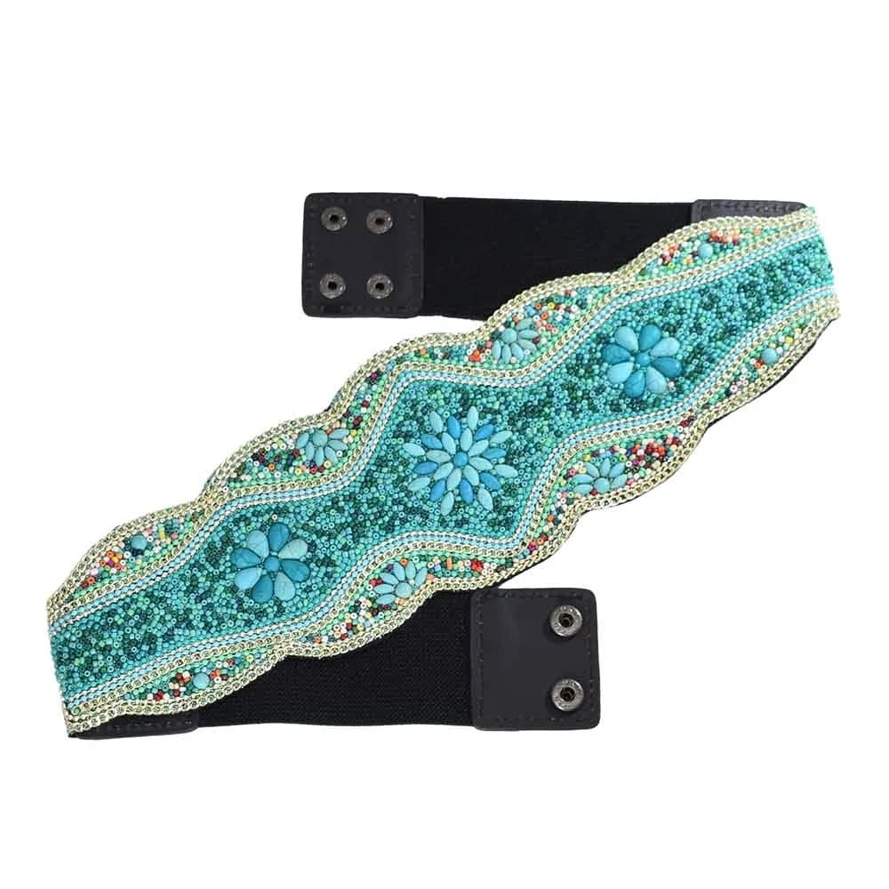 Turquoise beaded boho flower waist belt for women with scalloped edge elasticated back and snap closure
