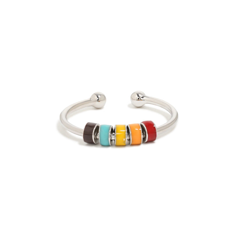 European Style Drip Oil Ring silver open cuff bracelet with brown turquoise yellow orange and red enamel beads