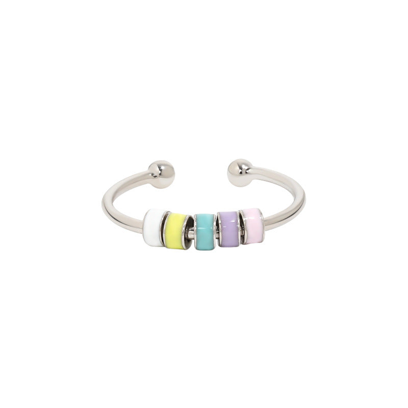European Style Drip Oil Ring silver adjustable open band with pastel enamel bead discs white yellow aqua lilac pink