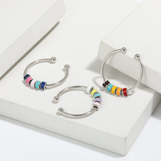 eprolo European Style Drip Oil Ring set of three silver open rings with multicolour enamel beads on white display