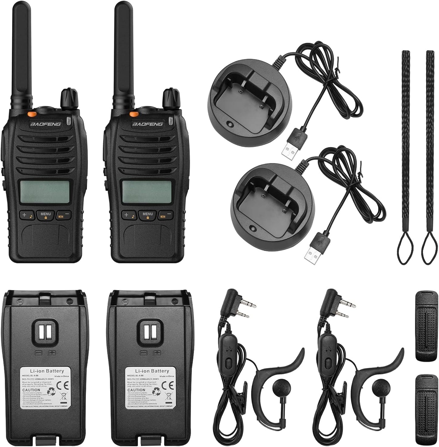 Luxurymania BAOFENG BF-88ST Pro with earpieces walkie talkie set including two radios, chargers, earpieces, and straps