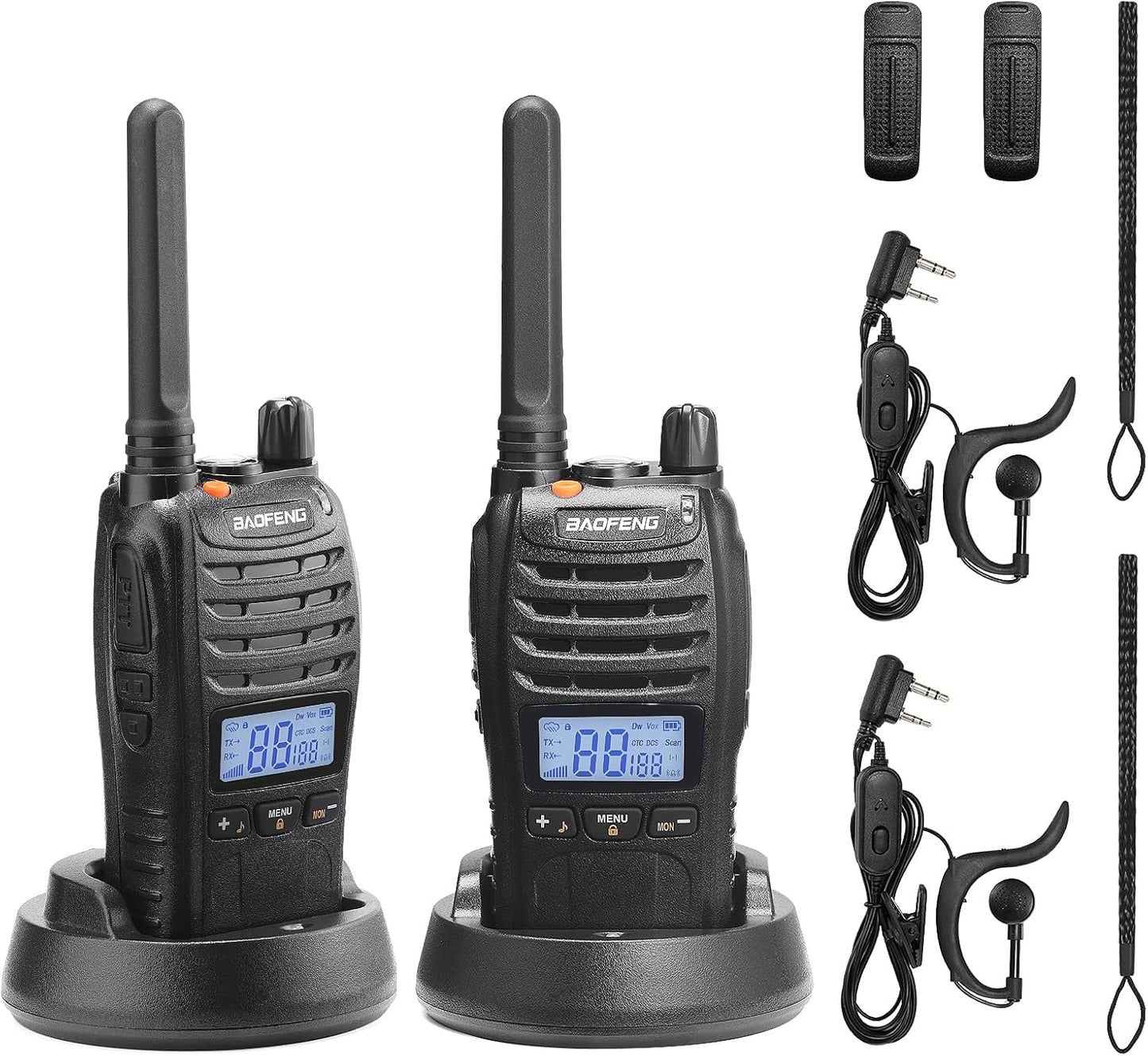 Luxurymania BAOFENG BF-88ST Pro with earpieces two black walkie talkies with charging docks and accessories