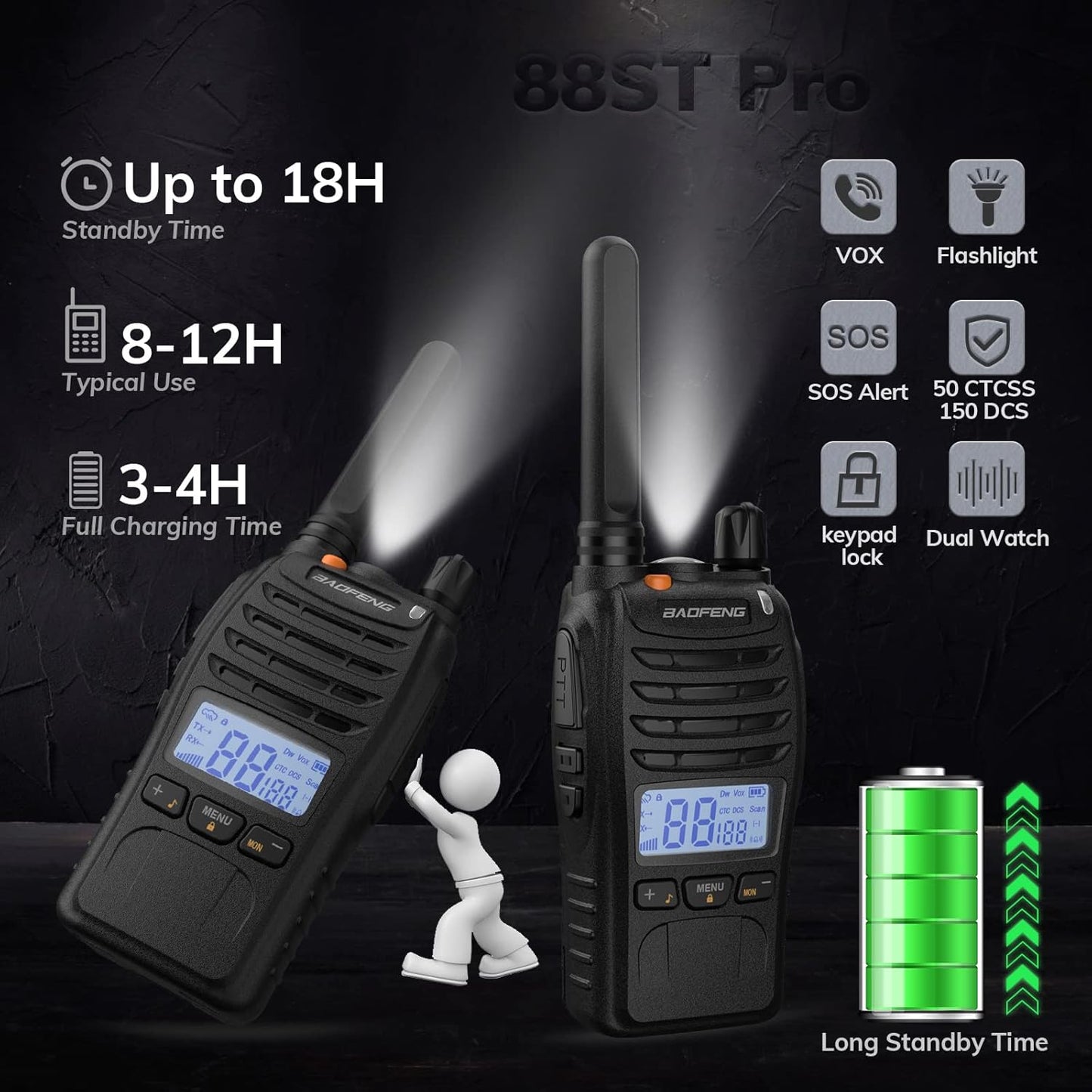 BAOFENG BF-88ST Pro with earpieces walkie talkie showing flashlight and long standby time features