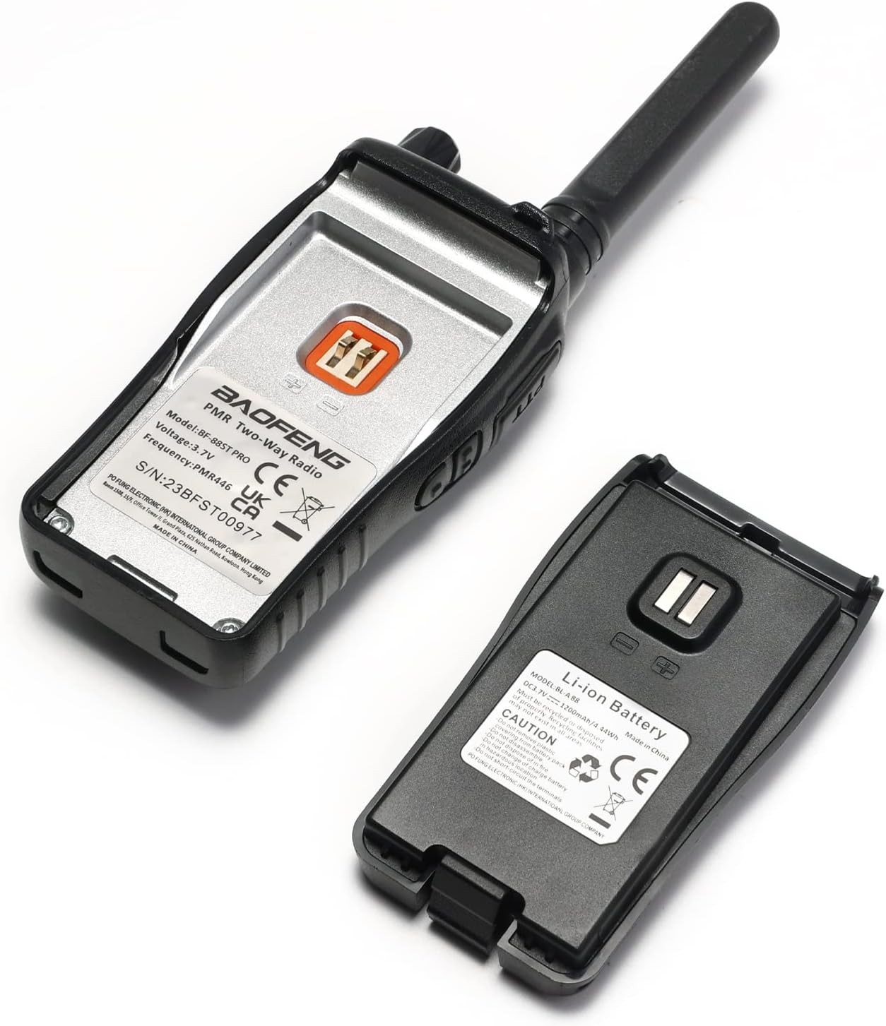 BAOFENG BF-88ST Pro with earpieces walkie talkie by Luxurymania showing front and battery pack