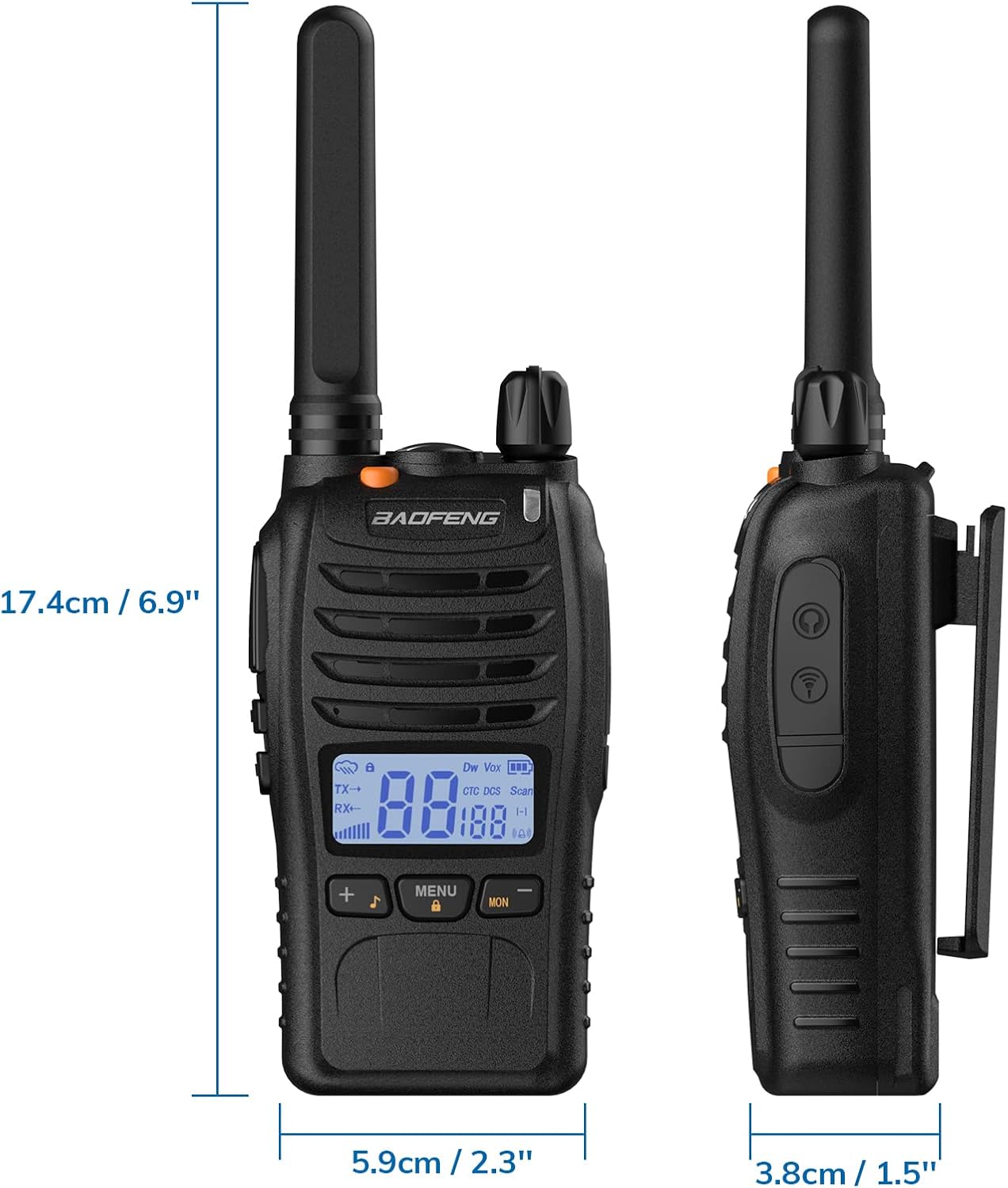 BAOFENG BF-88ST Pro with earpieces black walkie talkie showing front and side views with dimensions