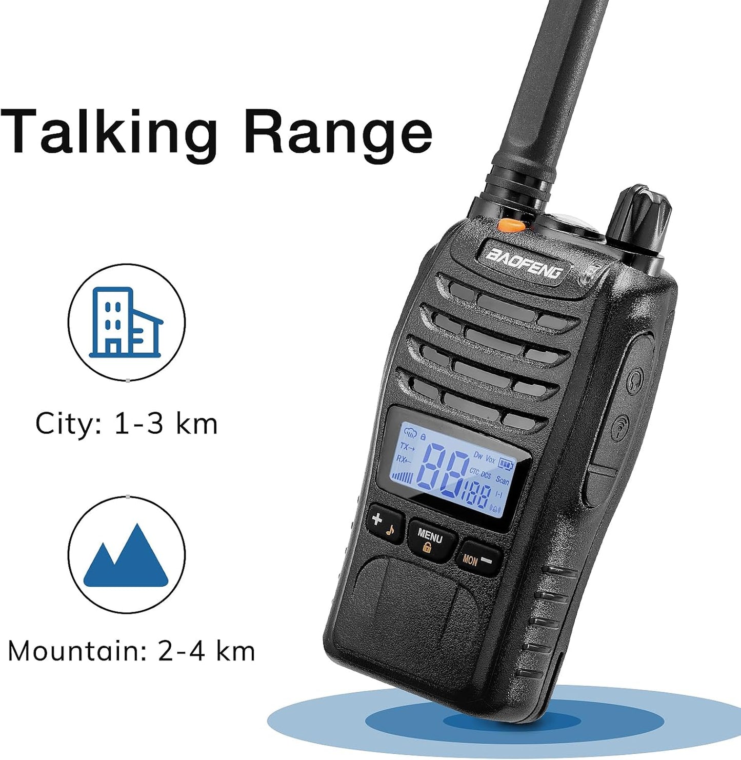 BAOFENG BF-88ST Pro with earpieces walkie talkie showing talking range for city and mountain use