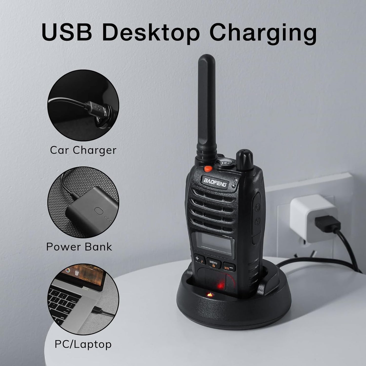 BAOFENG BF-88ST Pro with earpieces walkie talkie charging on USB desktop dock with car charger power bank and laptop options