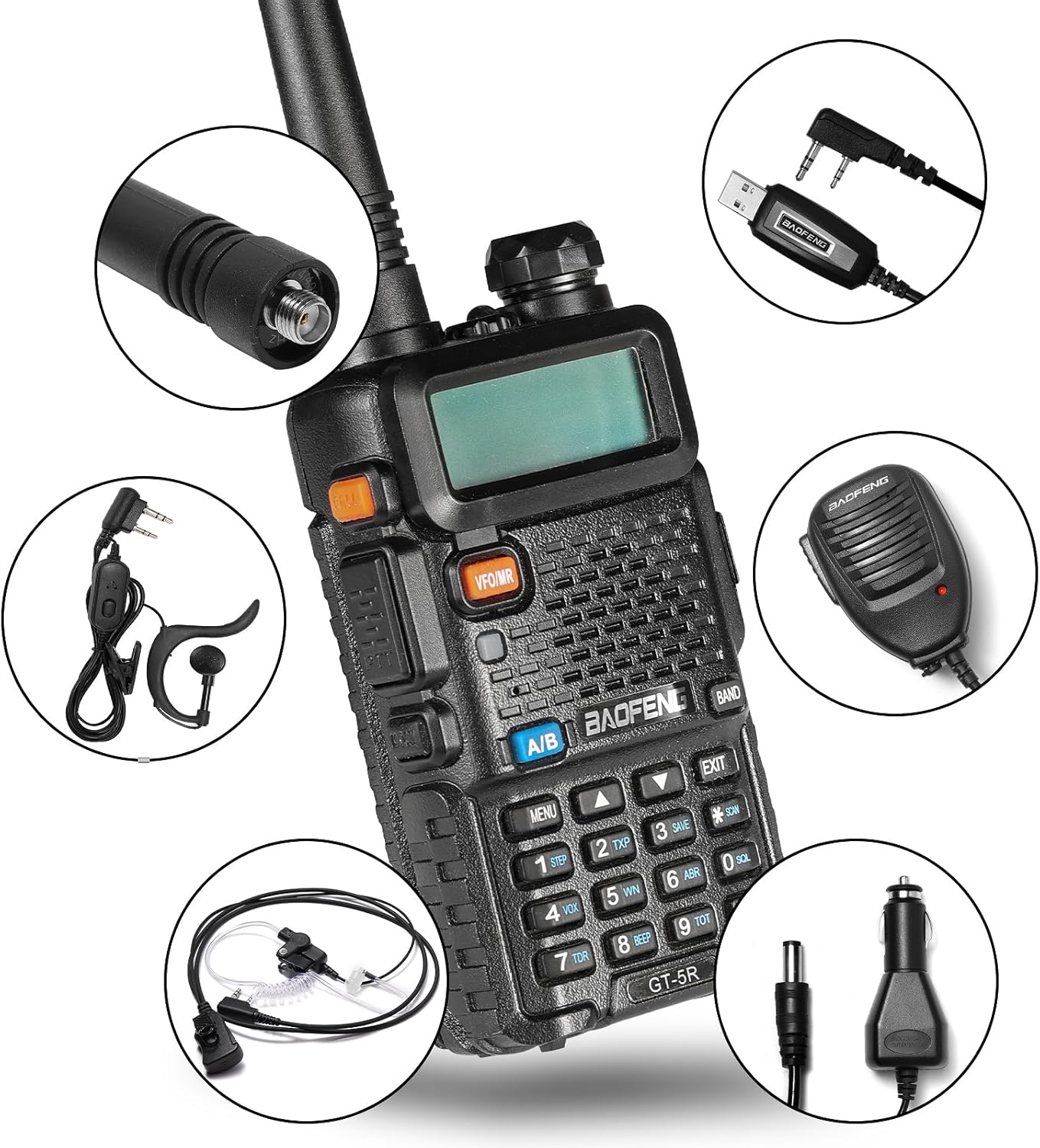 Baofeng GT-5R dual band walkie talkie with accessories including headset, USB programming cable, speaker mic, and car charger