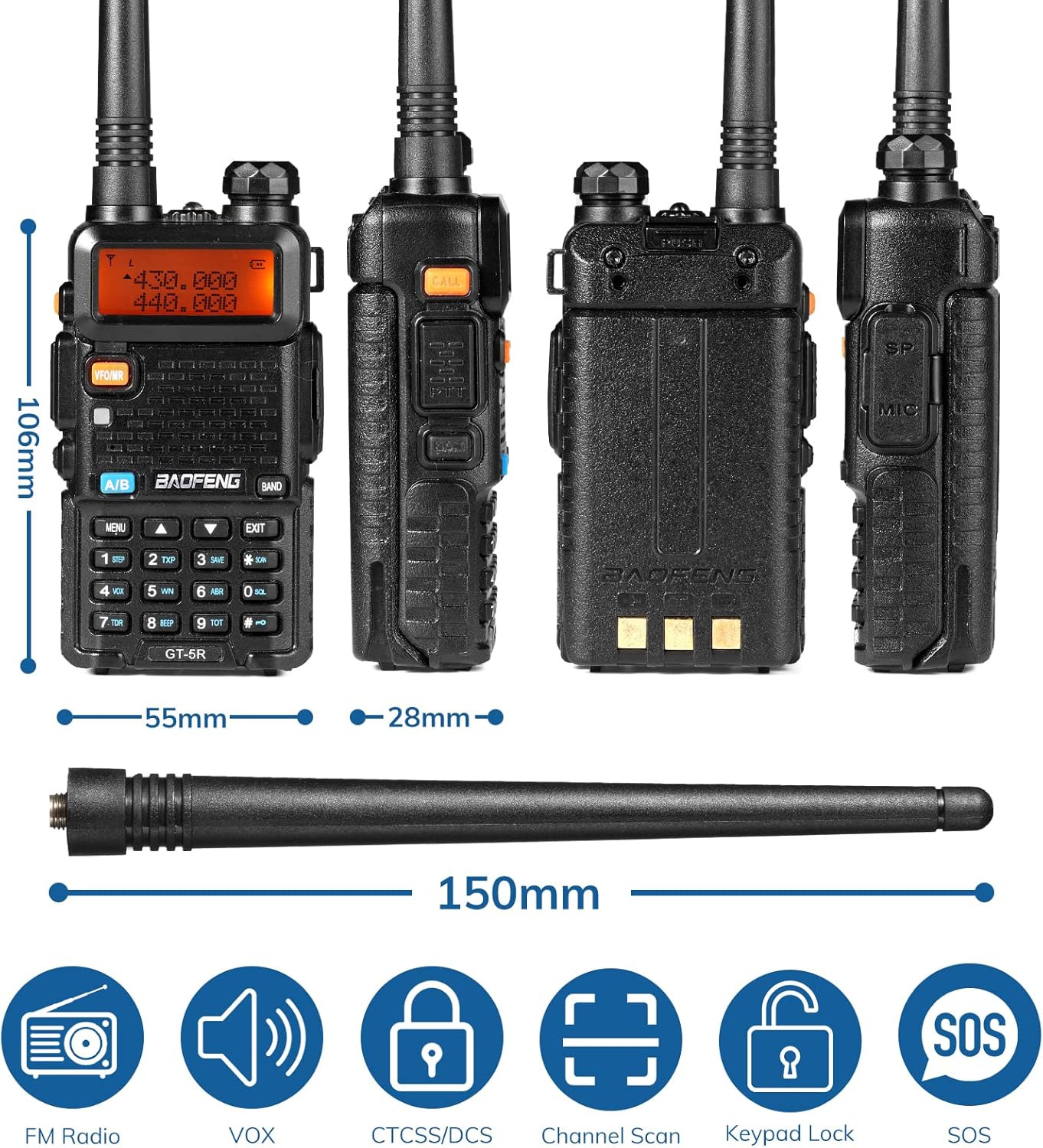 Baofeng GT-5R dual band walkie talkie by Luxurymania showing front, side, back views with dimensions and detachable antenna