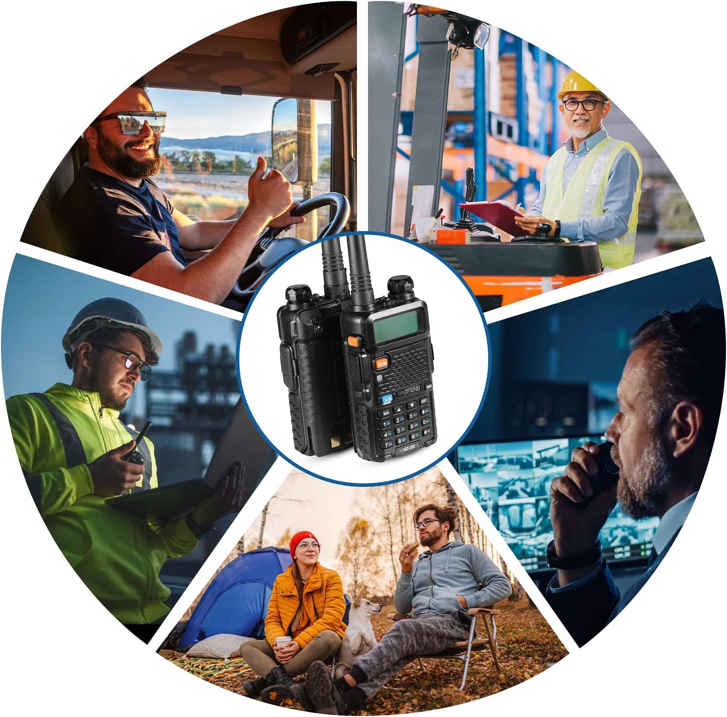 Baofeng GT-5R dual band walkie talkie shown with diverse users in outdoor, industrial, and security settings