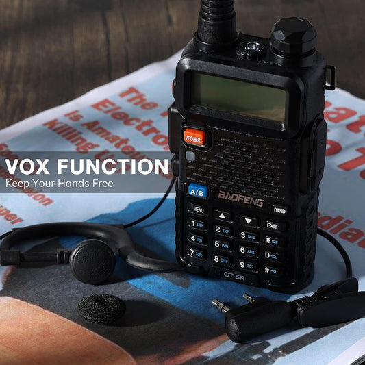 Baofeng GT-5R dual band walkie talkie with VOX function and headset for hands-free communication