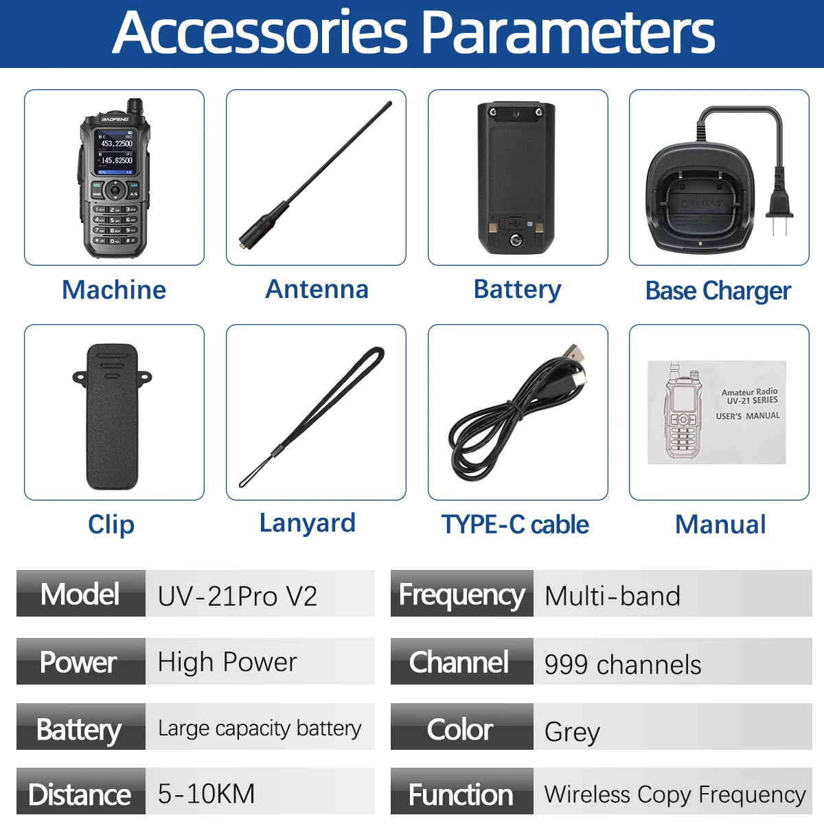 Baofeng UV 21 Pro walkie talkie accessory set including machine, antenna, battery, base charger, clip, lanyard, Type-C cable and manual