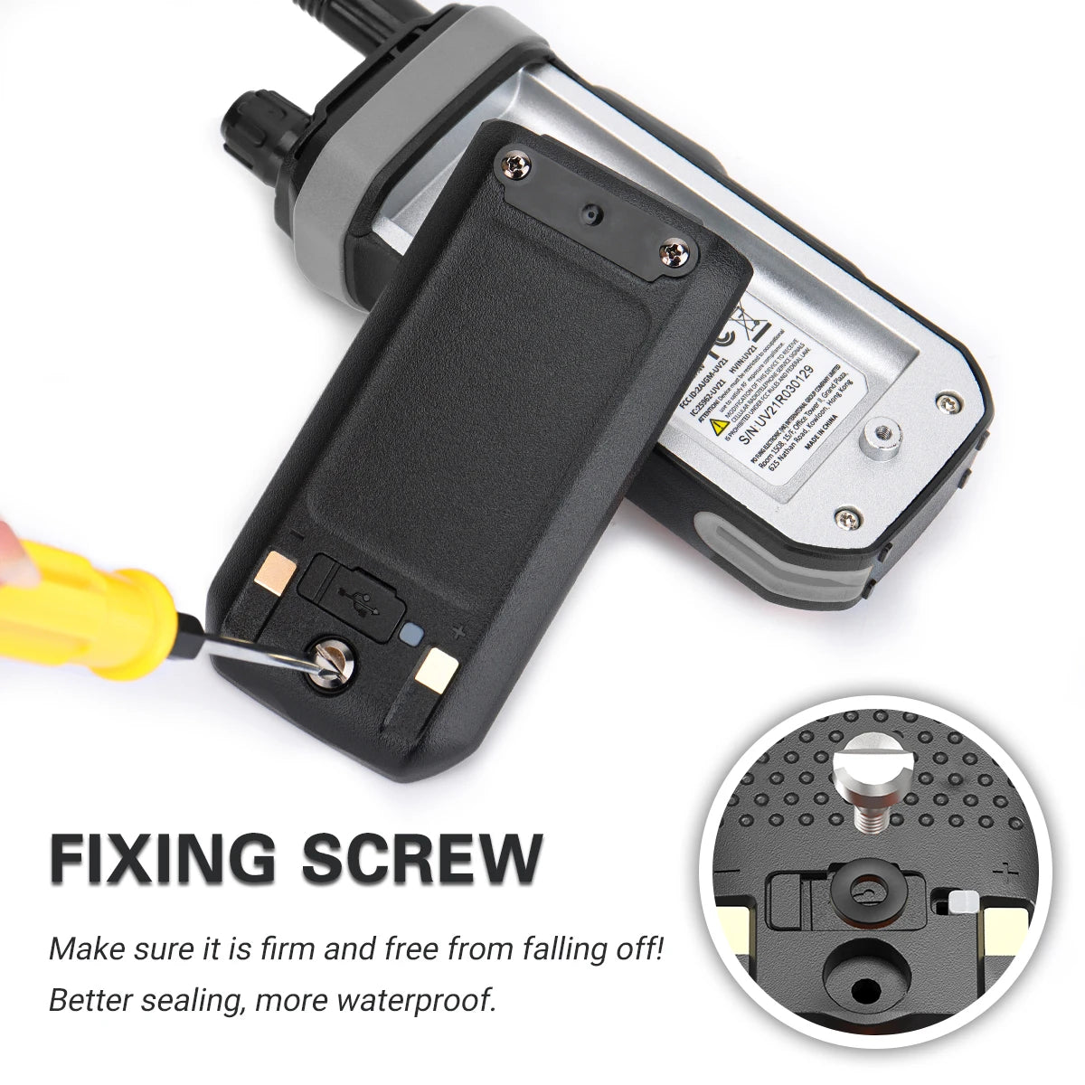 Close-up of Baofeng UV 21 Pro walkie talkie showing fixing screw for secure waterproof battery cover